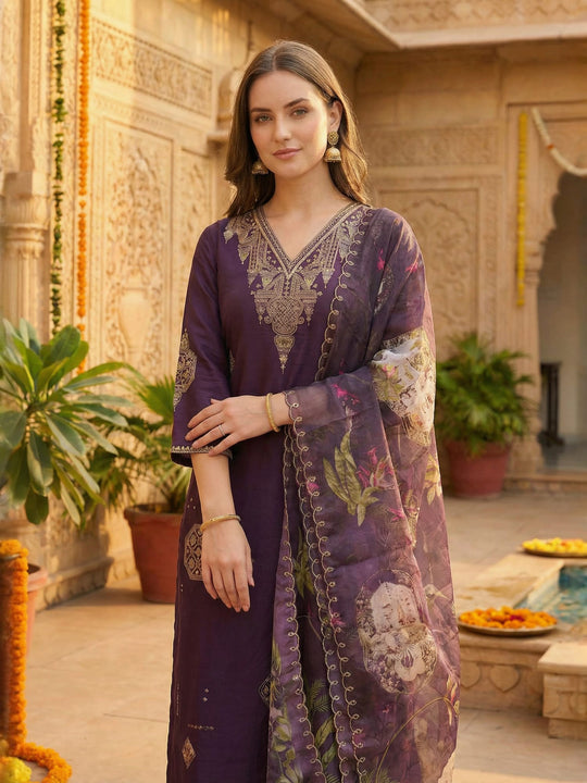 Indo Era Purple Embroidered Straight Kurta Palazzos With Dupatta set