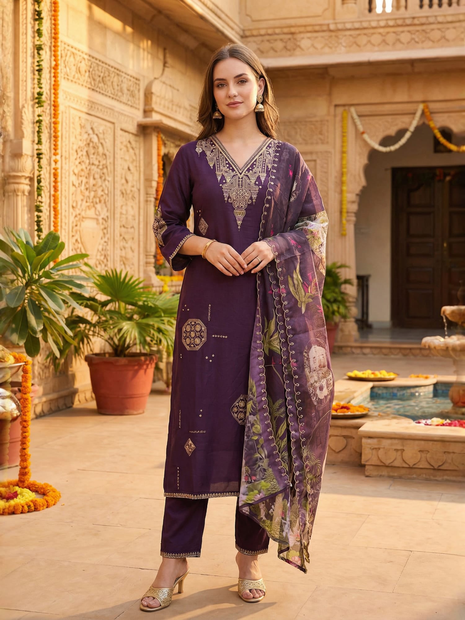 Indo Era Purple Embroidered Straight Kurta Palazzos With Dupatta set
