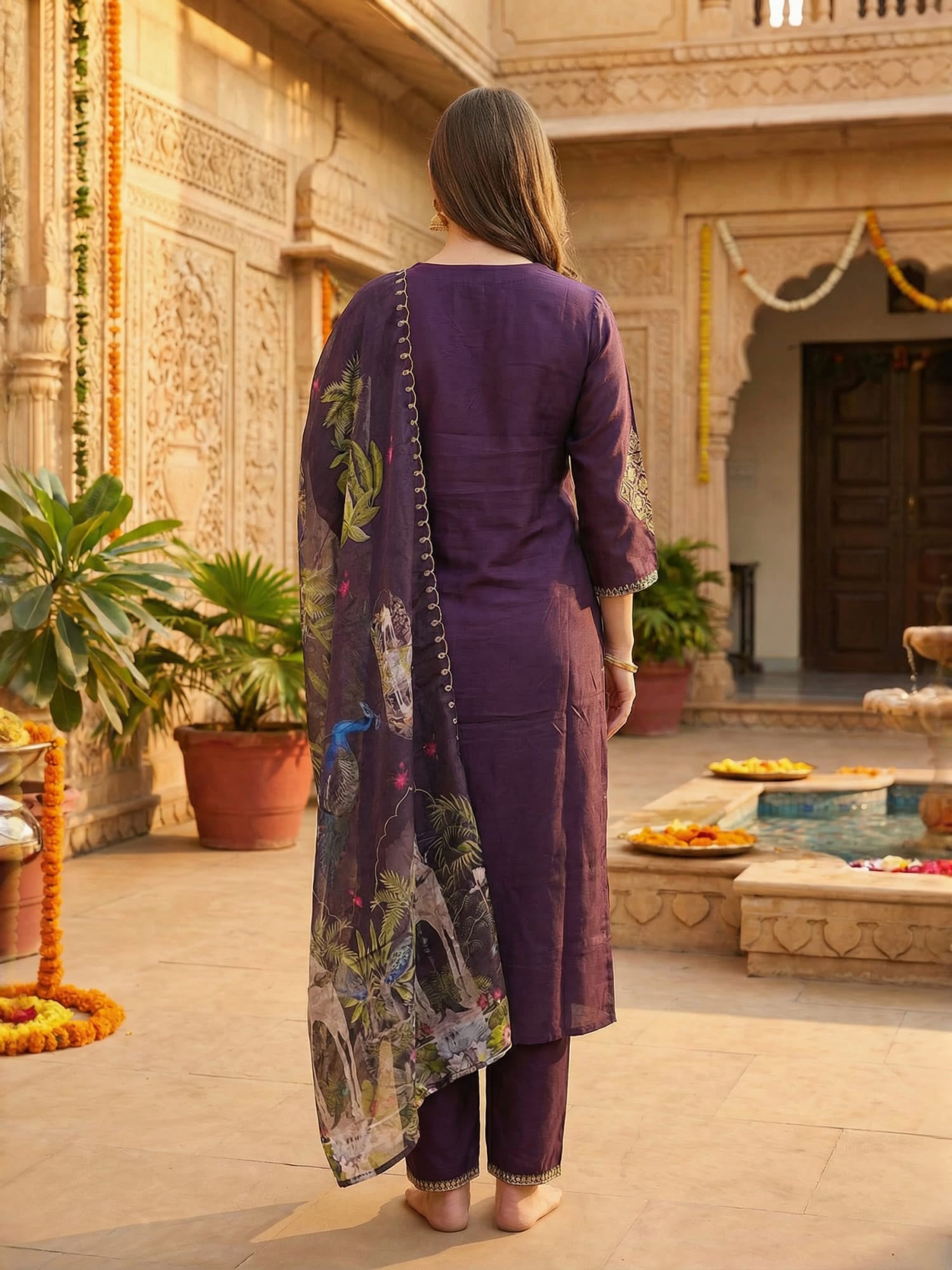 Indo Era Purple Embroidered Straight Kurta Palazzos With Dupatta set