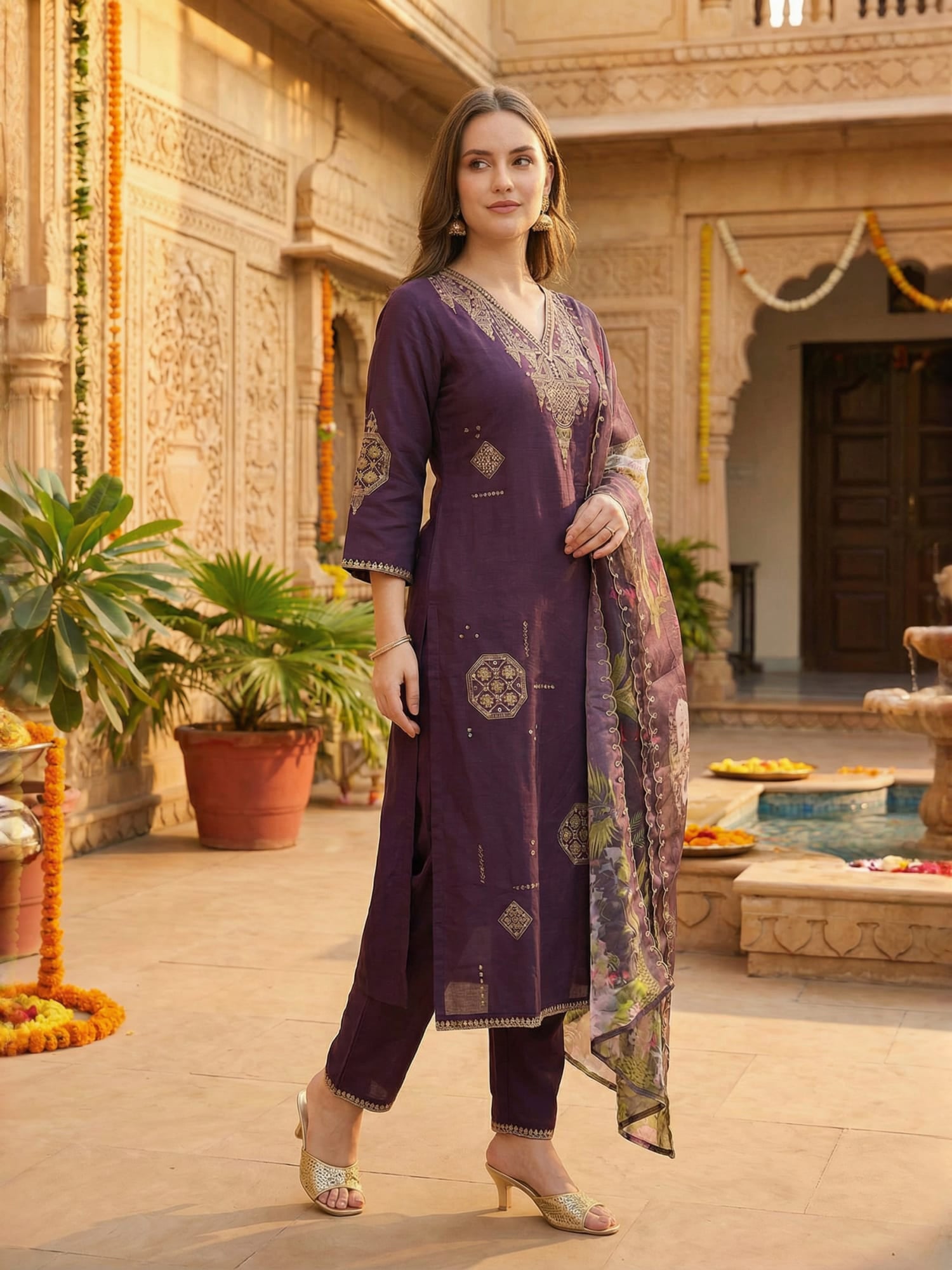 Indo Era Purple Embroidered Straight Kurta Palazzos With Dupatta set