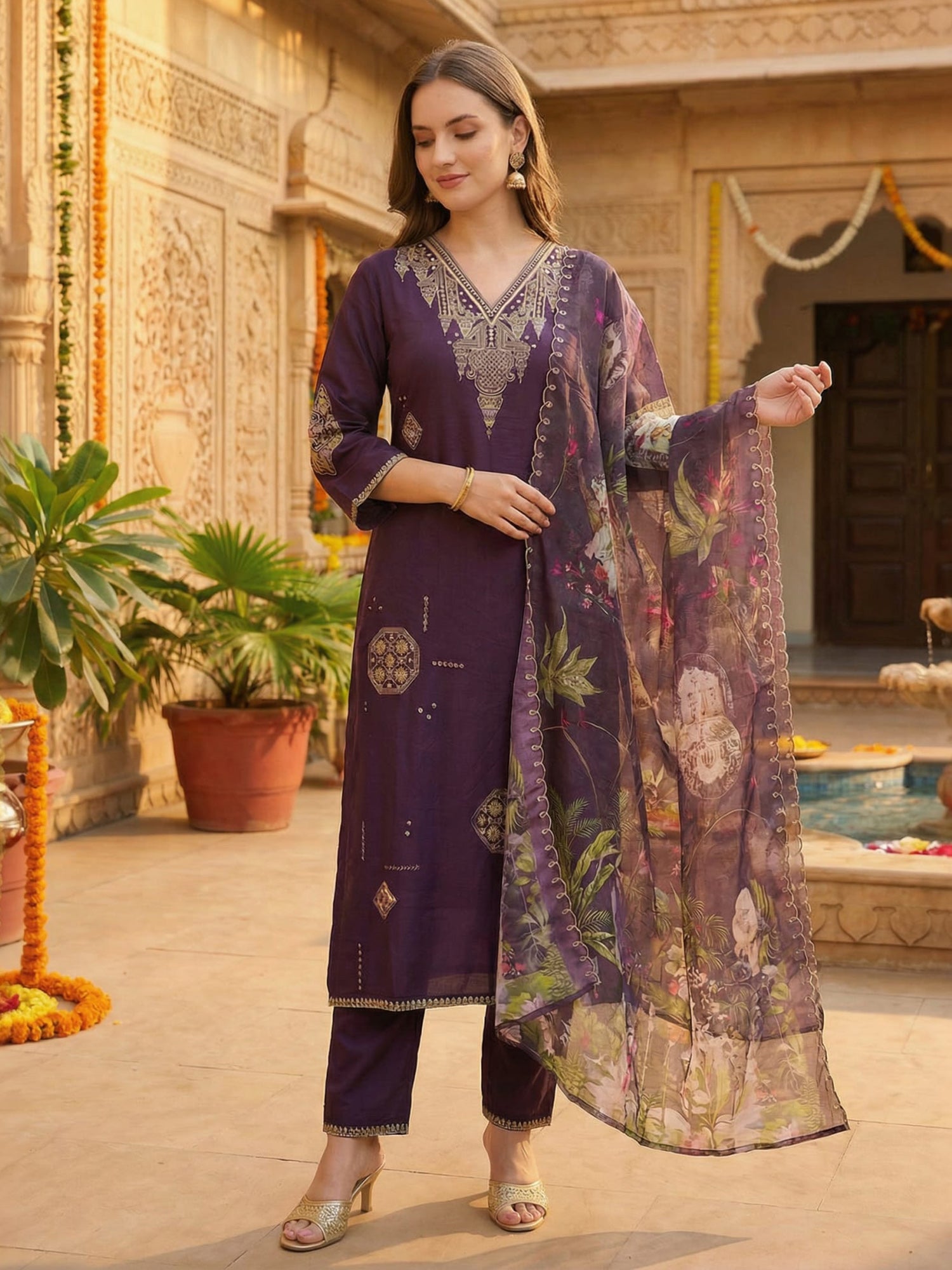 Indo Era Purple Embroidered Straight Kurta Palazzos With Dupatta set