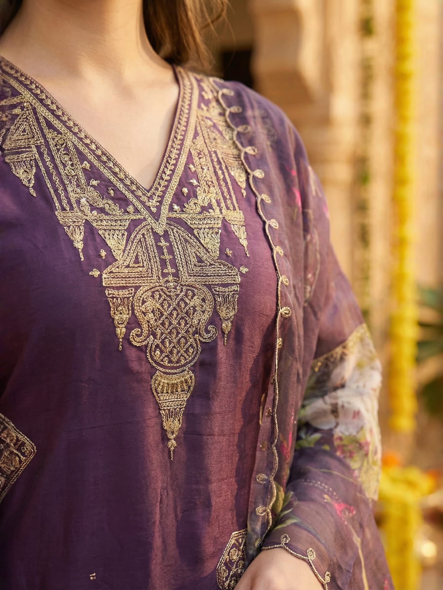 Indo Era Purple Embroidered Straight Kurta Palazzos With Dupatta set
