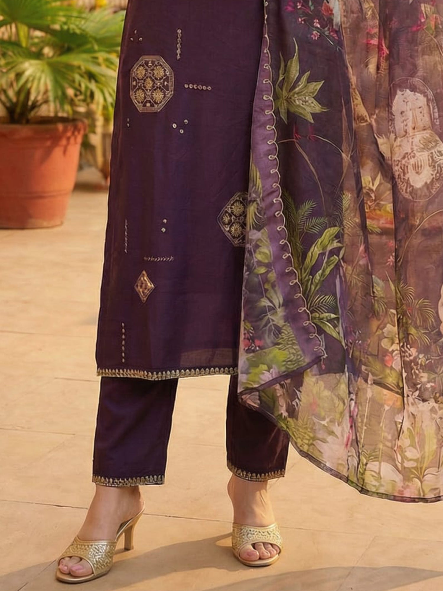 Indo Era Purple Embroidered Straight Kurta Palazzos With Dupatta set