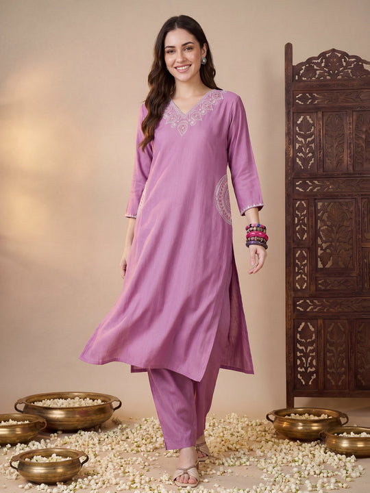 Lavender Embroidered Cotton Blend Straight Kurta Trousers Set