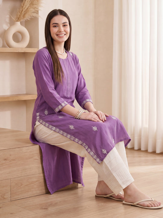 Indo Era Purple Embroidered Straight Kurtas
