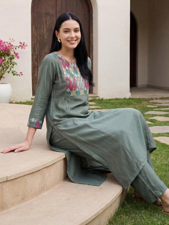 Grey Embroidered Silk Blend Straight Kurta Trousers Set