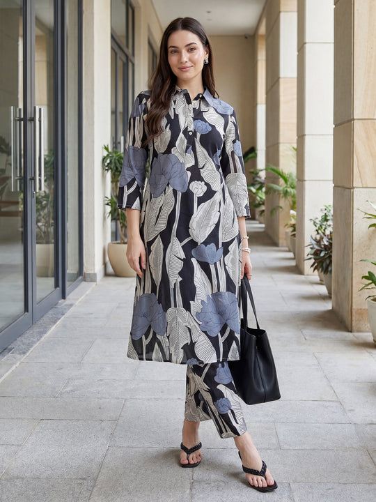 Black Printed Pure Cotton A-Line Kurta Trousers Set