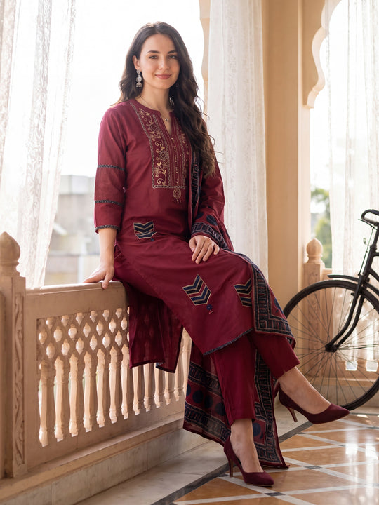 Indo Era Maroon Printed Straight Kurta Trousers With Dupatta set