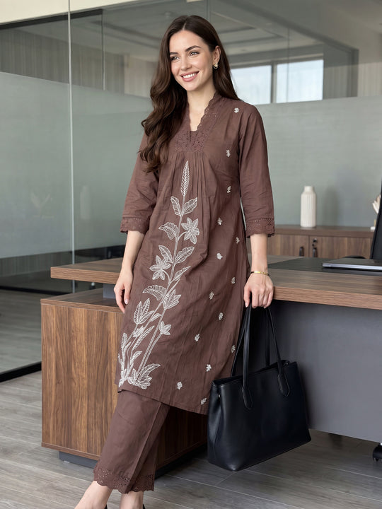 Indo Era Brown Embroidered A-Line Kurta Palazzos Set