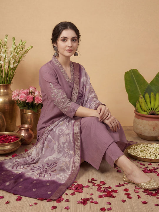 Indo Era Lavender Embroidered Straight Kurta Trousers With Dupatta Set