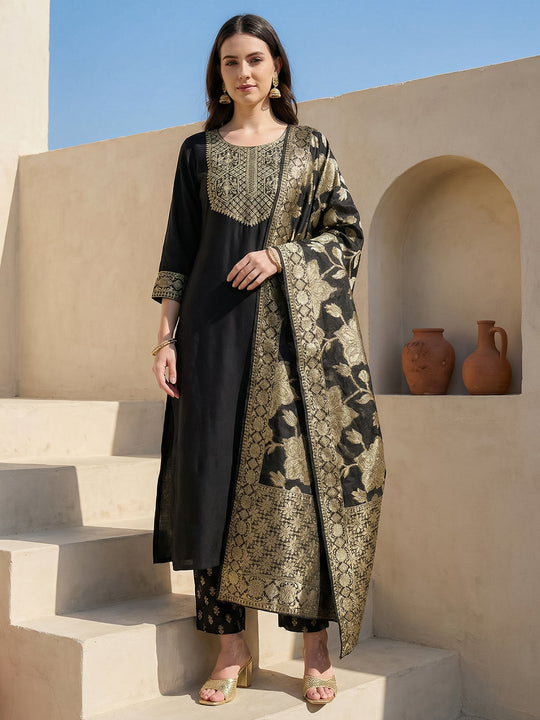 Indo Era Black Embroidered Straight Kurta Trousers With Dupatta Set