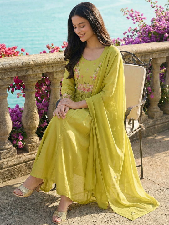 Indo Era Green Embroidered A-Line Kurta Trousers With Dupatta Set