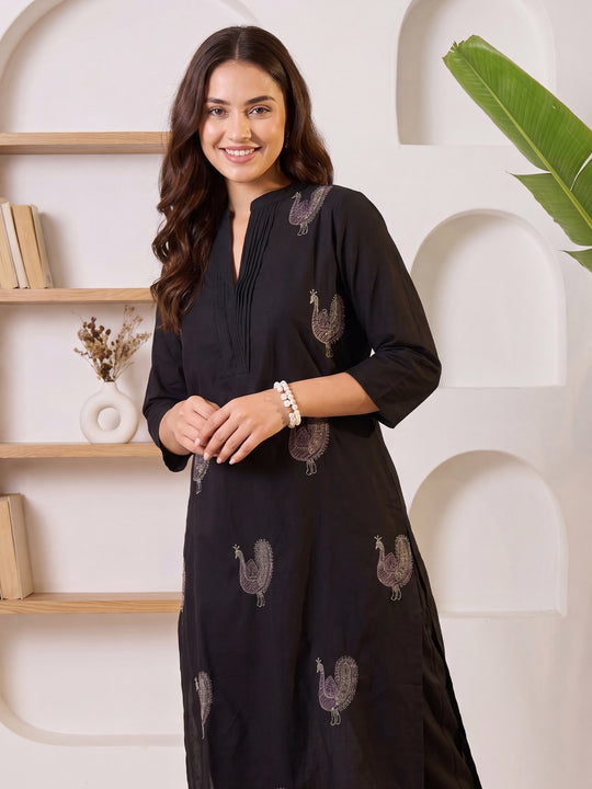 Black Embroidered Pure Cotton Straight Kurta Trousers Set