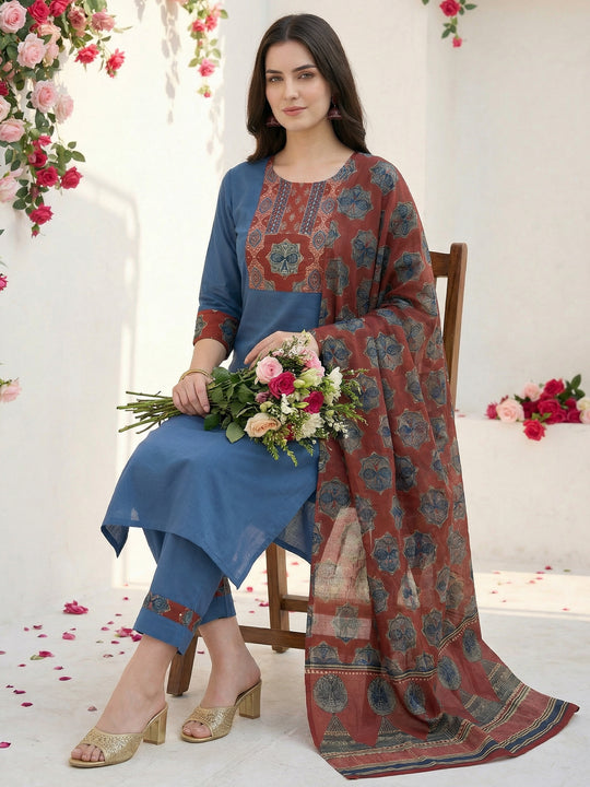 Indo Era Blue Printed Straight Kurta Trousers With Dupatta set