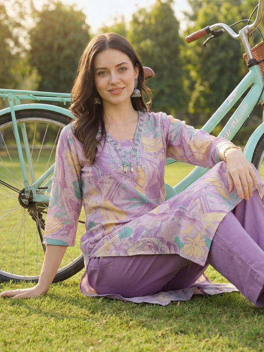 Indo Era Purple Printed Straight Kurta Trousers Set