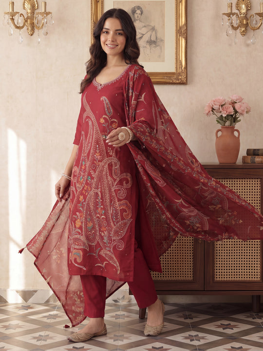 Red Printed Silk Blend Straight Kurta Sets With Dupatta
