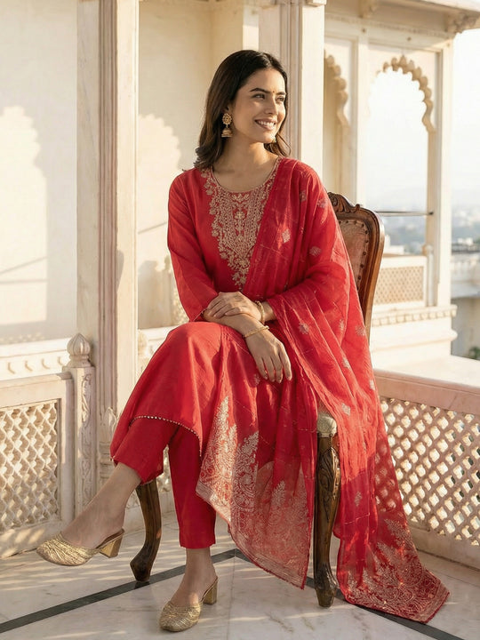Pink Embroidered Silk Blend Straight Kurta Sets With Dupatta