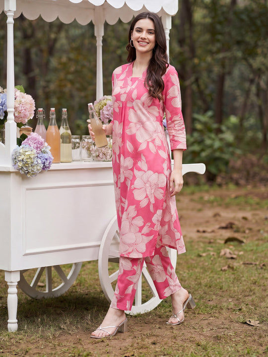 Pink Printed Viscose Rayon A-Line Kurta Trousers Set