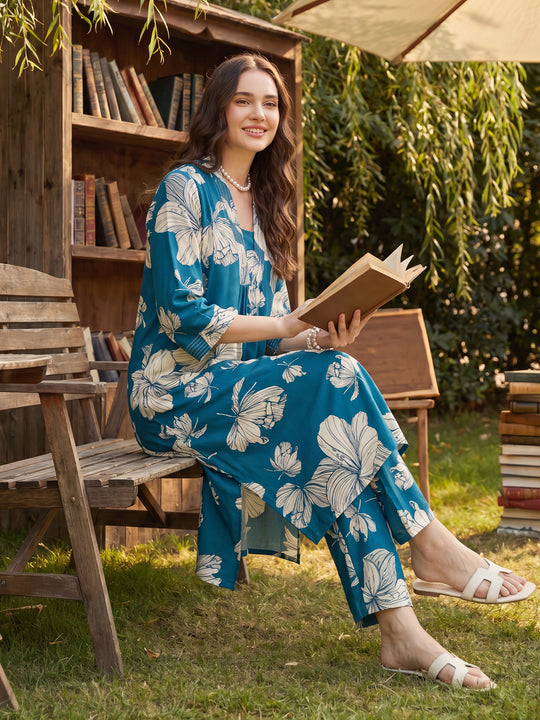Blue Printed Viscose Rayon A-Line Kurta Trousers Set