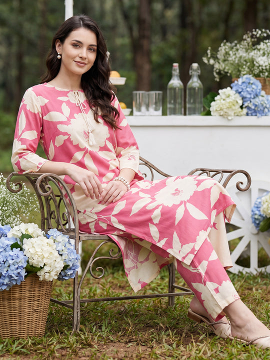 Peach Printed Viscose Rayon Straight Kurta Trousers Set