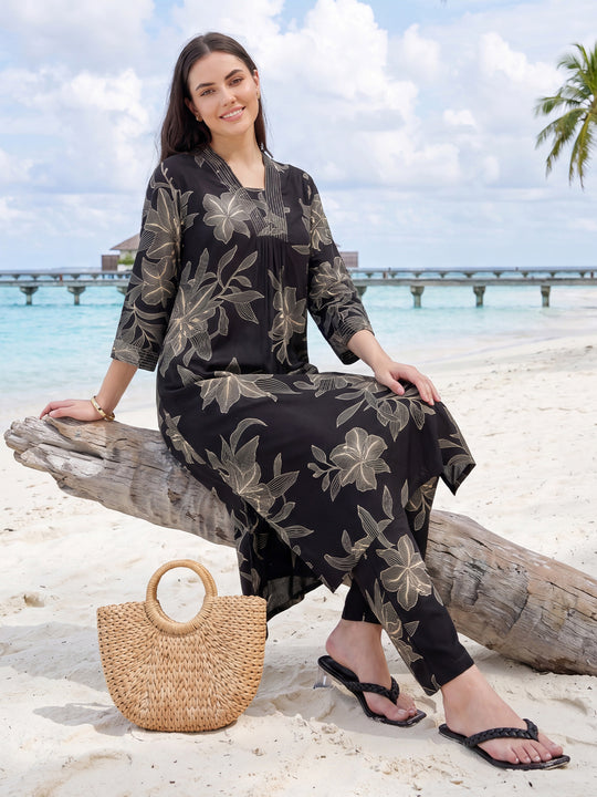 Black Printed Viscose Rayon A-Line Kurta Trousers Set