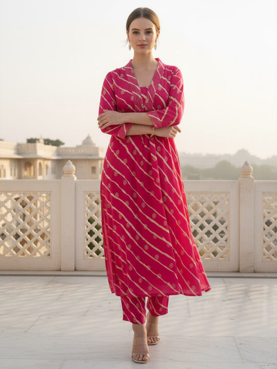 Indo Era Pink Printed A-Line Kurta Trousers Set
