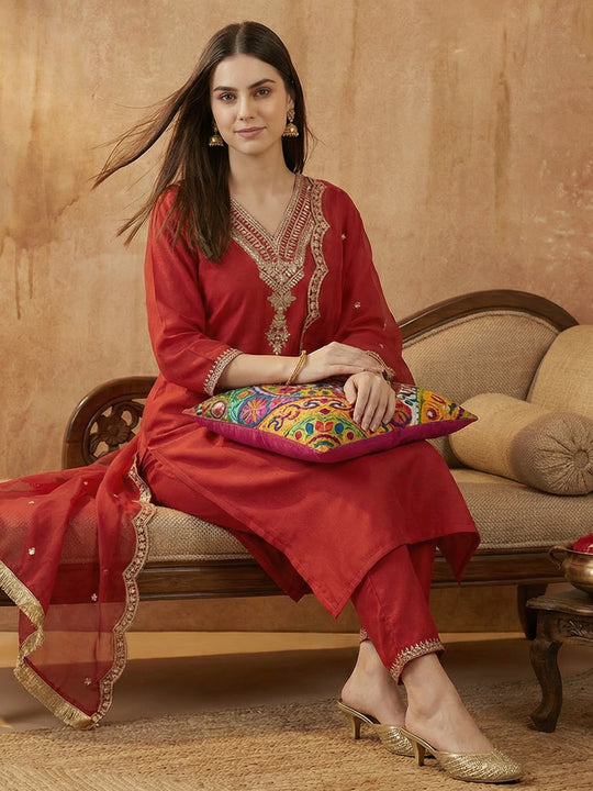 Red Embroidered Liva Straight Kurta Sets With Dupatta