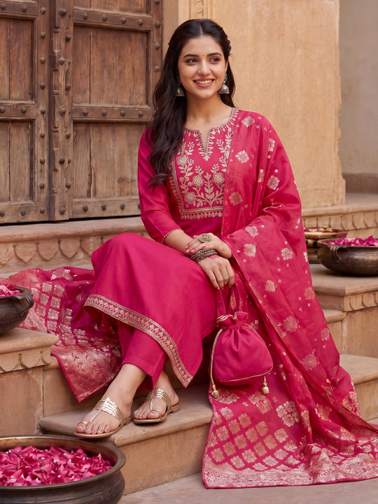 Indo Era Pink Embroidered A-Line Kurta Trouser With Dupatta set