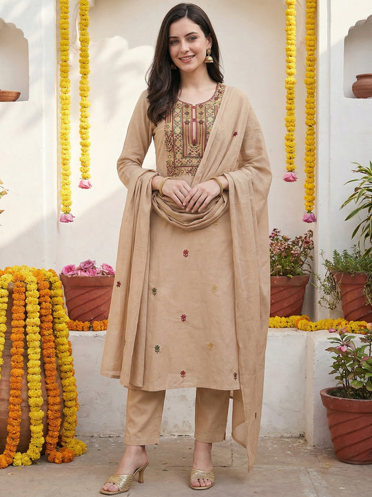 Indo Era Beige Embroidered Straight Kurta Trousers With Dupatta set