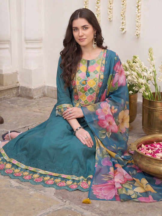 Teal Embroidered Silk Blend A-Line Suit Sets With Dupatta