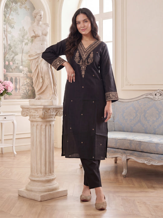 Black Embroidered Liva Straight Kurta Trouser Set