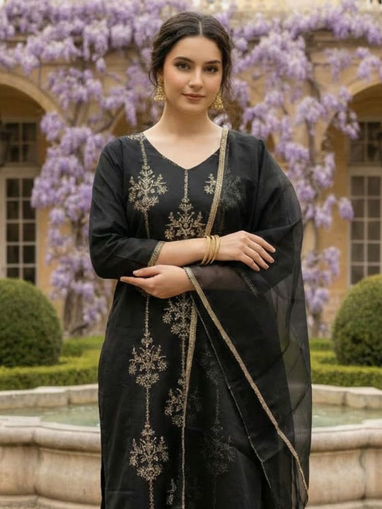 Indo Era Black Embroidered Straight Kurta Trousers With Dupatta set