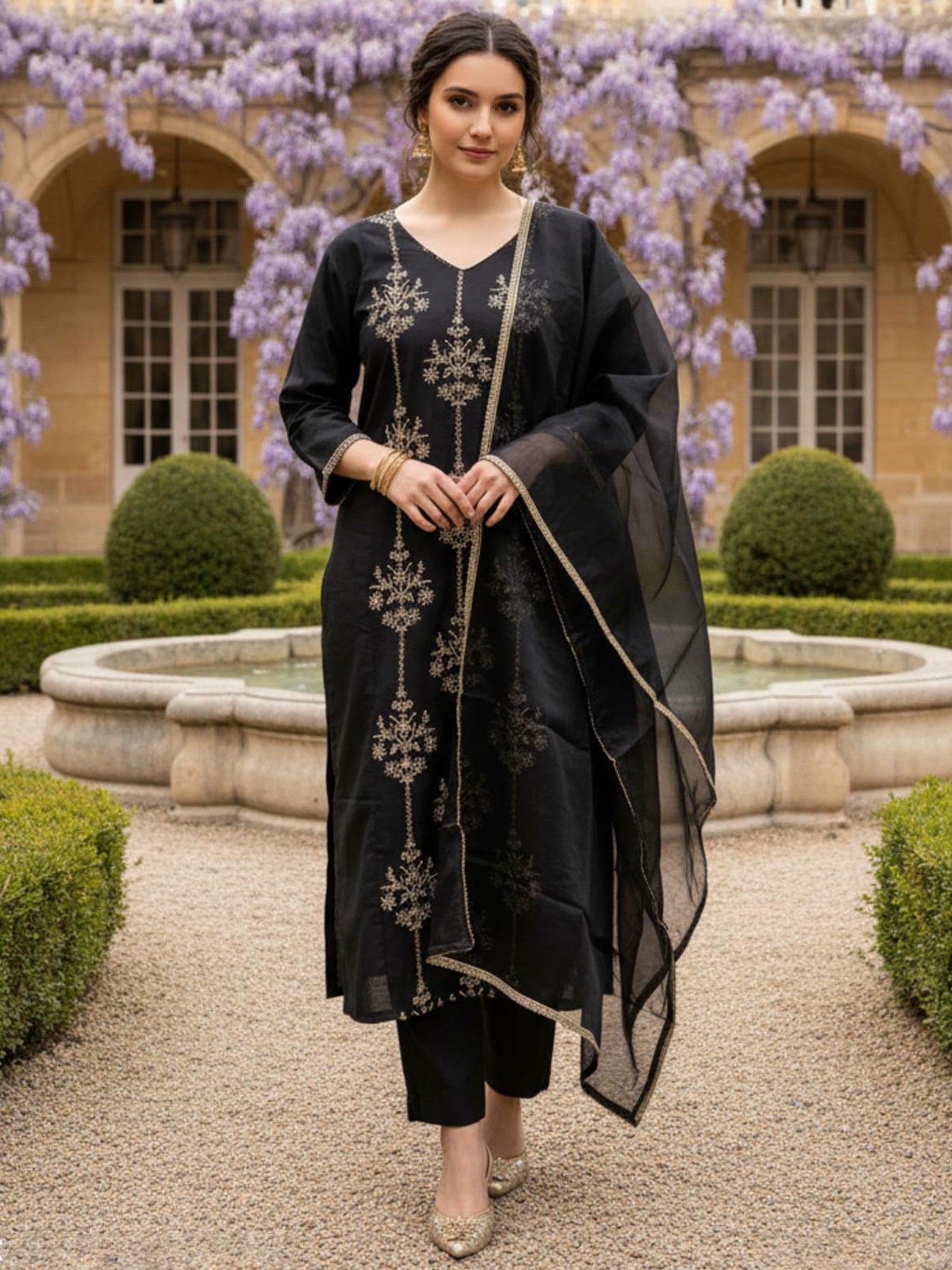 Indo Era Black Embroidered Straight Kurta Trousers With Dupatta set