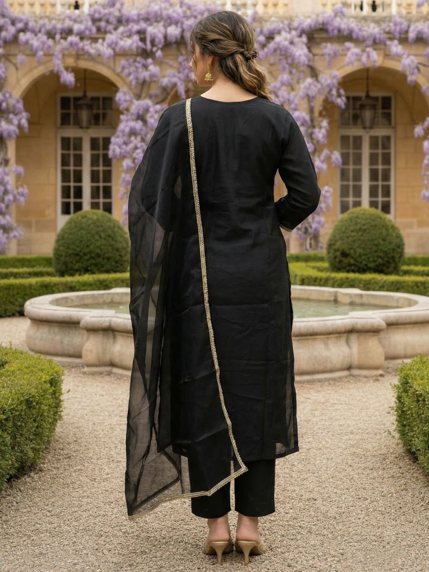 Indo Era Black Embroidered Straight Kurta Trousers With Dupatta set