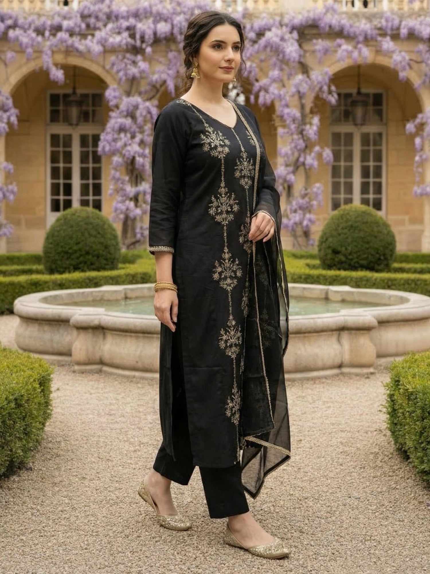 Indo Era Black Embroidered Straight Kurta Trousers With Dupatta set