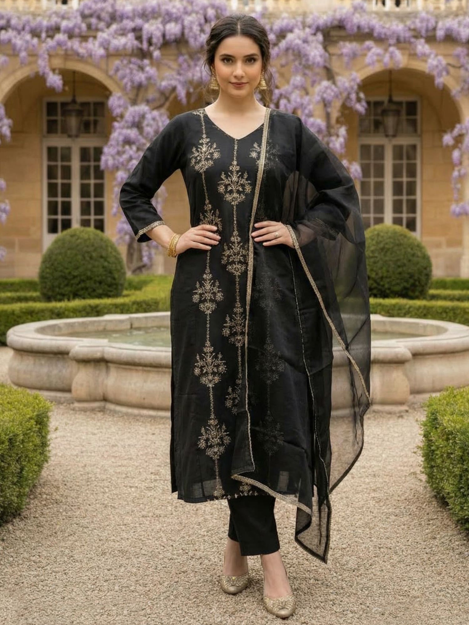Indo Era Black Embroidered Straight Kurta Trousers With Dupatta set