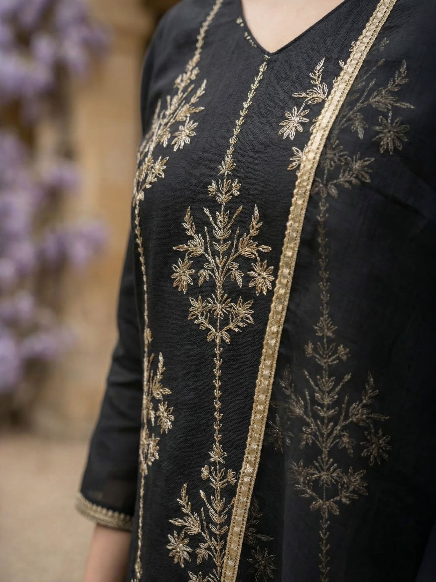 Indo Era Black Embroidered Straight Kurta Trousers With Dupatta set