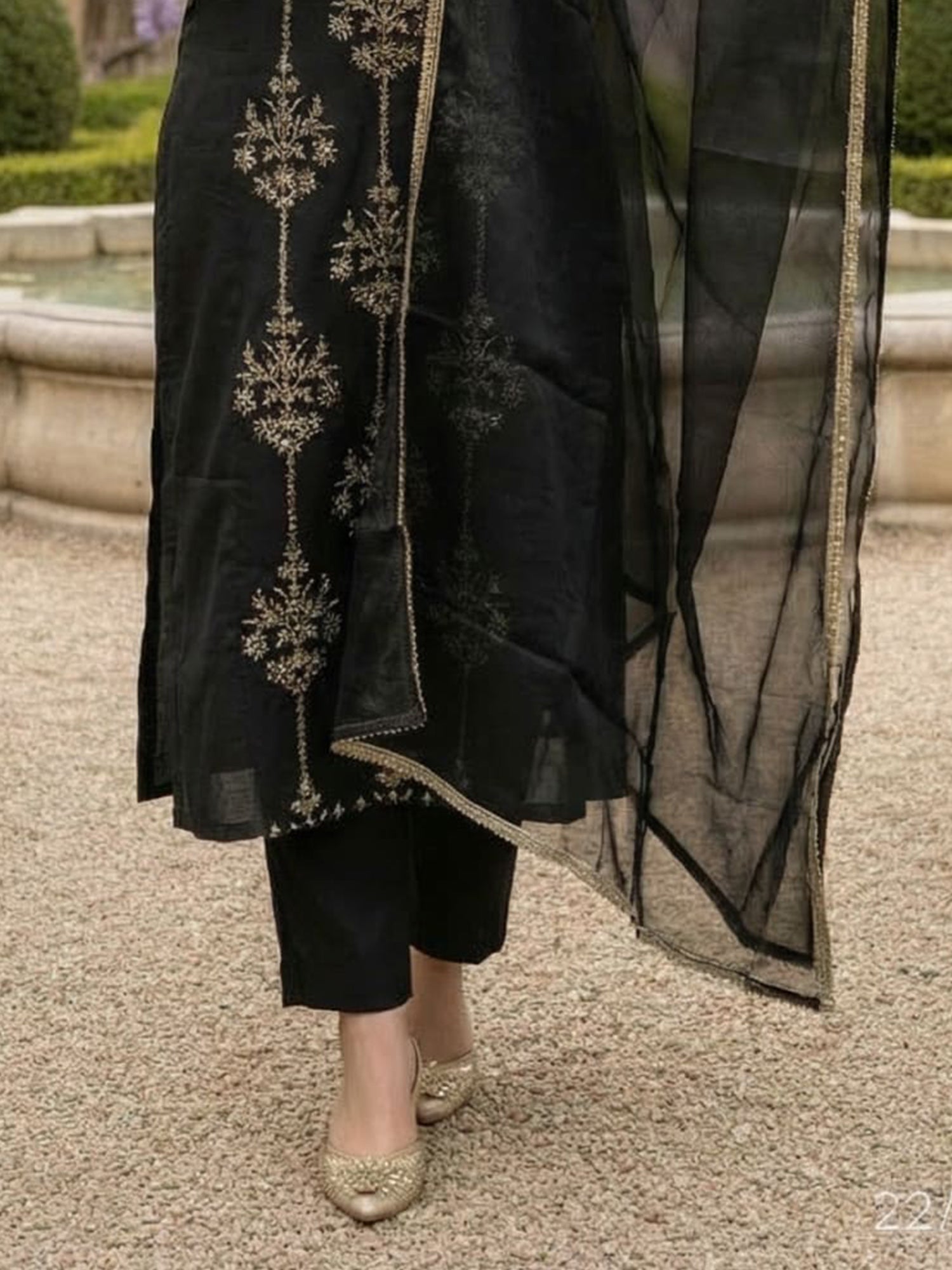 Indo Era Black Embroidered Straight Kurta Trousers With Dupatta set