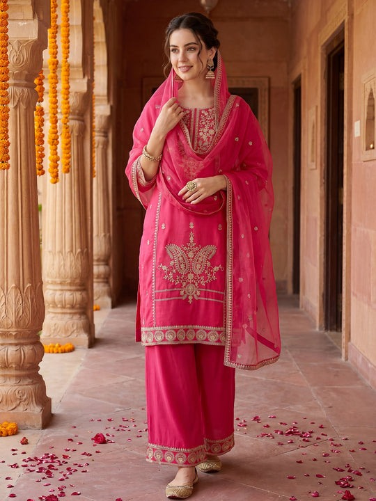 Indo Era Pink Embroidered Straight Kurta Palazzos With Dupatta Set