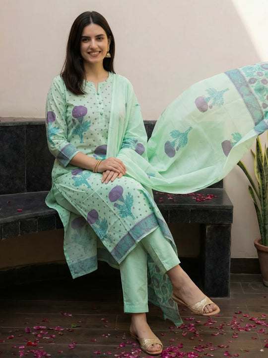 Indo Era Green Printed Straight Kurta Trousers With Dupatta set