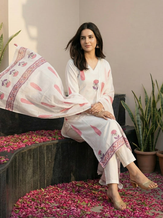 Indo Era White Printed Straight Kurta Trousers With Dupatta set