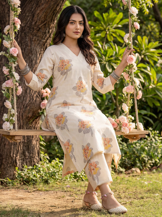 Indo Era Off White Printed A-Line Kurta Palazzos Set