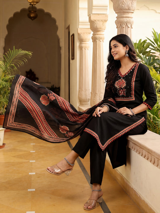 Indo Era Black Printed Straight Kurta Trousers With Dupatta Set