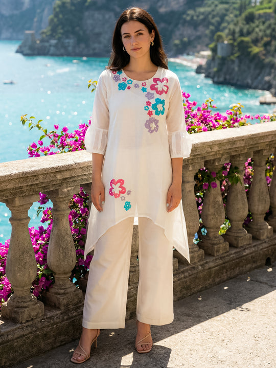 Indo Era White Embroidered A-Line Kurta Palazzos set