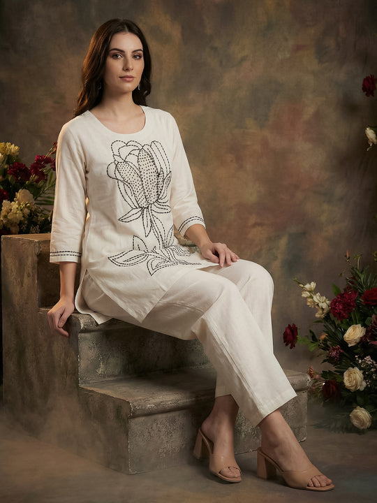 Indo Era White Embroidered A-Line Kurta Palazzos set