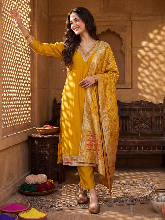 Indo Era Mustard Embroidered Straight Kurta Trousers With Dupatta set