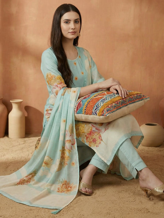 Indo Era Blue Printed Straight Kurta Trousers With Dupatta Set