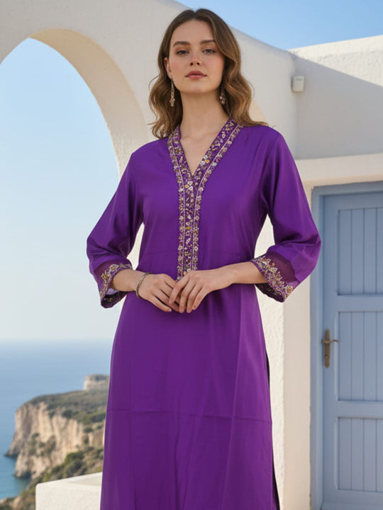 Indo Era Purple Embroidered Straight Kurta Trousers Set
