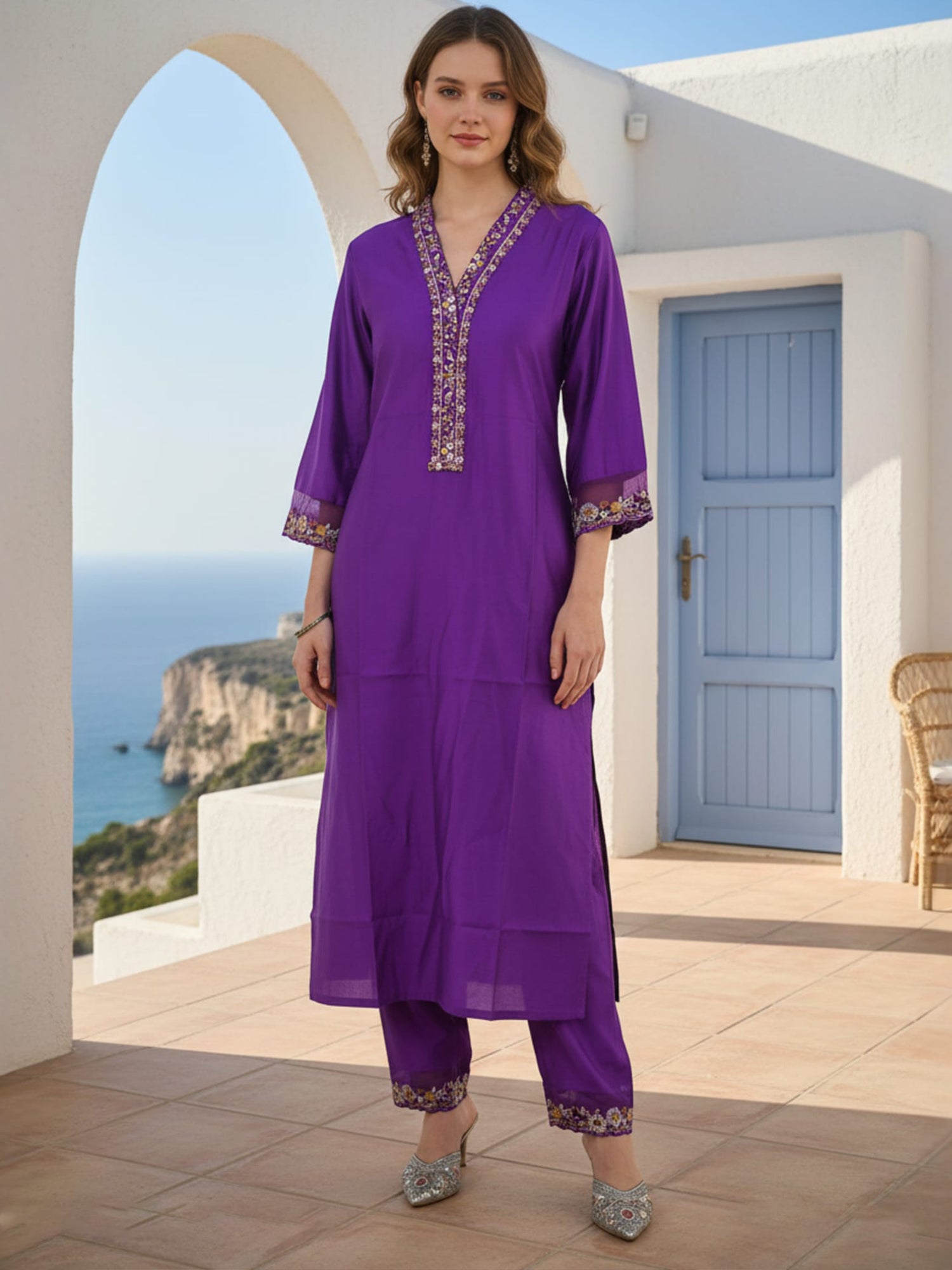 Indo Era Purple Embroidered Straight Kurta Trousers Set
