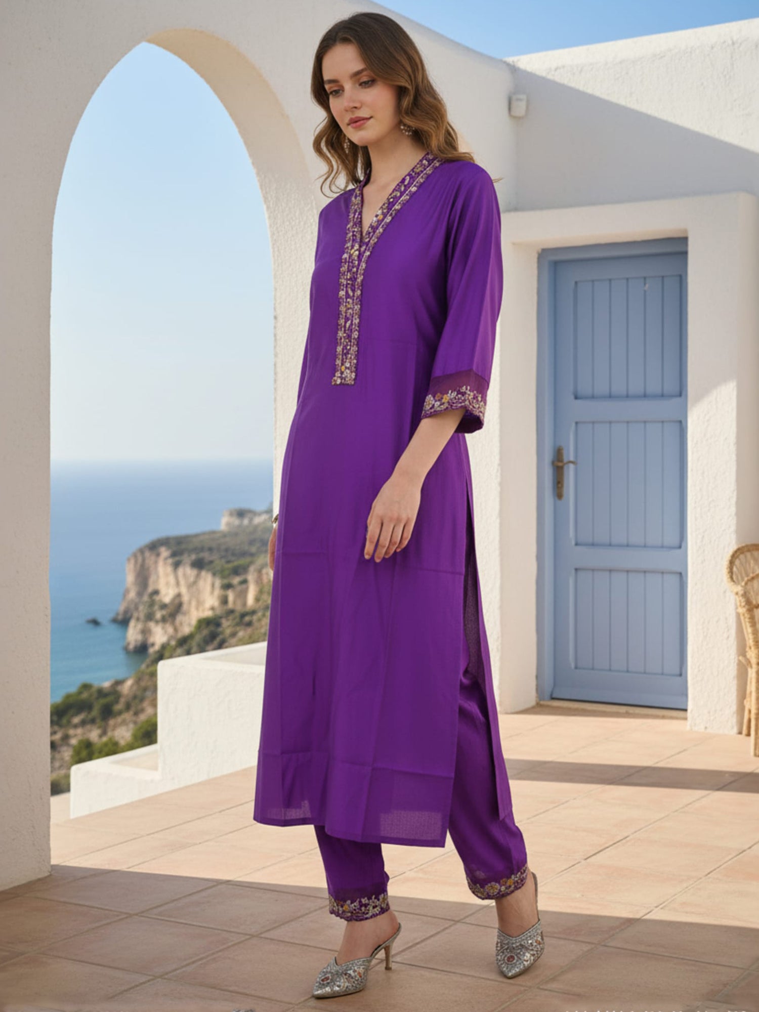 Indo Era Purple Embroidered Straight Kurta Trousers Set